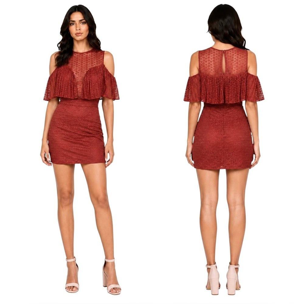 Keepsake Ignite Lace Mini Dress NWT Paprika Cold Shoulder Ruffle Cocktail Party